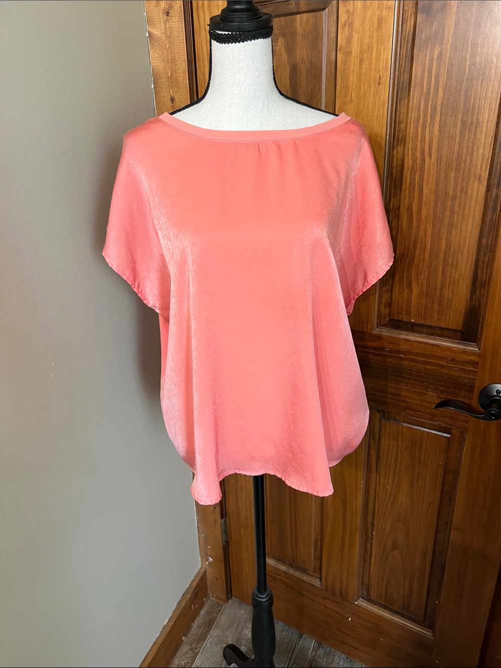 Women’s Coral Satin Boatneck Blouse with Dolman Sleeves